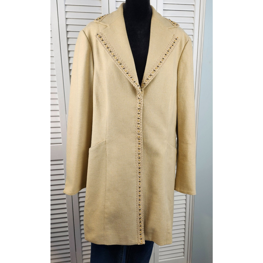 Nine West Tweed Trench Coat XL Tan Crochet Beaded Tailored